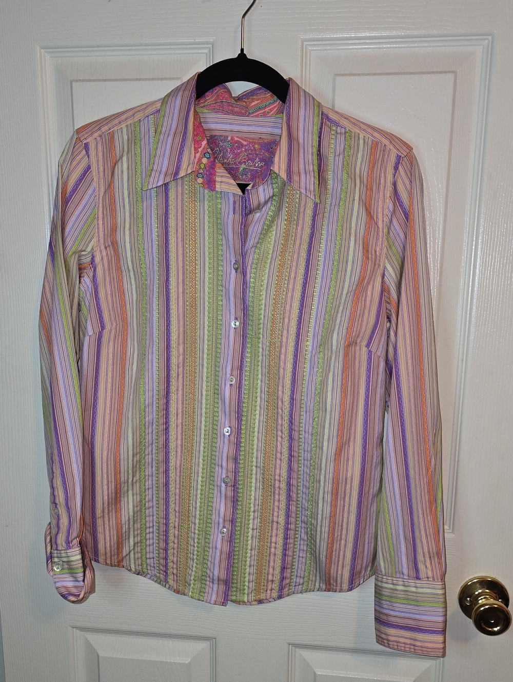 Robert Graham Purple Green Orange Striped Button-Down Shirt